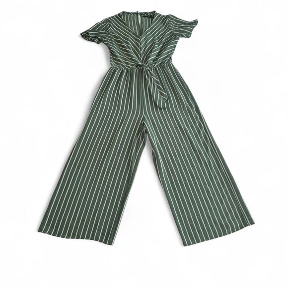 Potter's Pot Green & White Striped Jumpsuit | Wm Small | V-Neck Short Sleeve - Picture 1 of 6